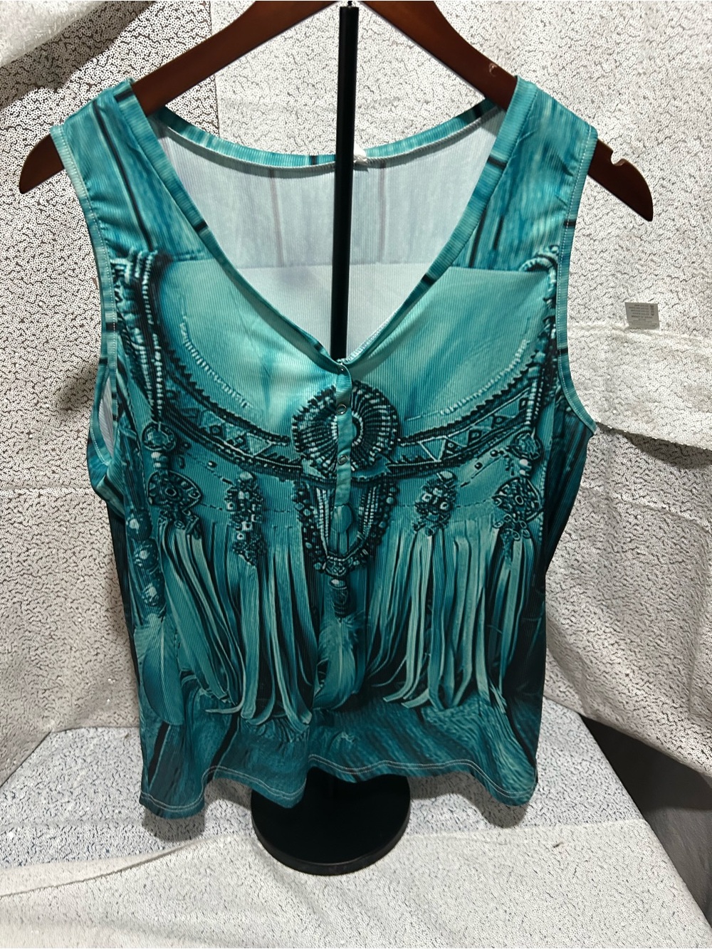 Sleeveless Teal faux Beaded Fringe-Print Women's Top